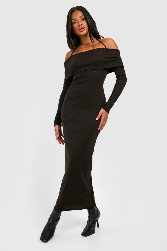Womens Halterneck Bardot Brushed Rib Maxi Dress - Black - 8, Black
