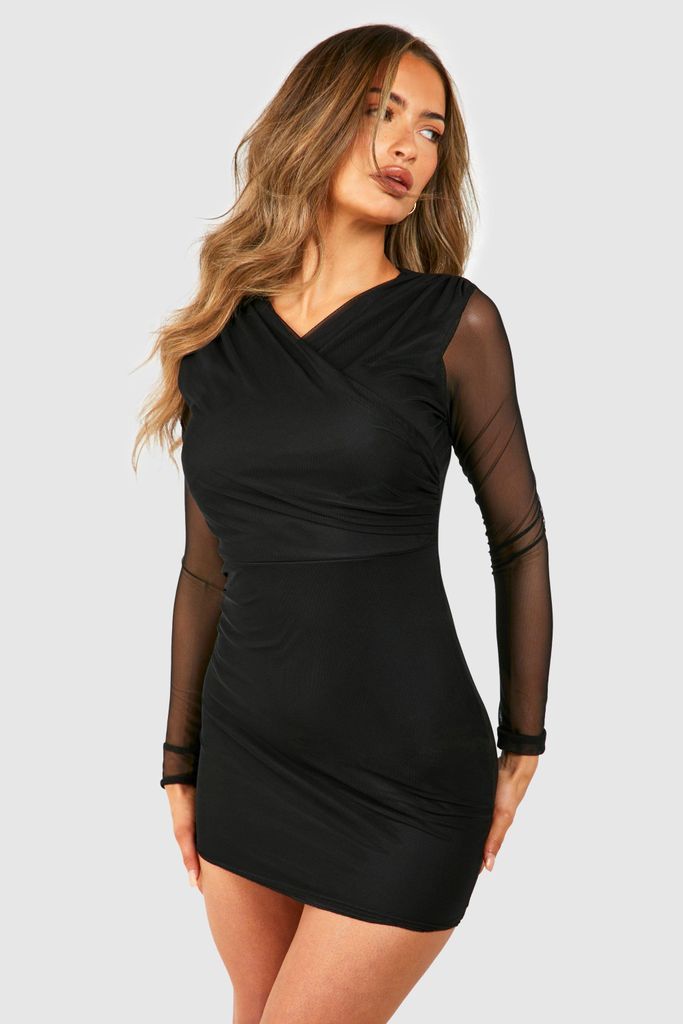 Womens Mesh Cross Over Ruched Mini Dress - Black - 8, Black
