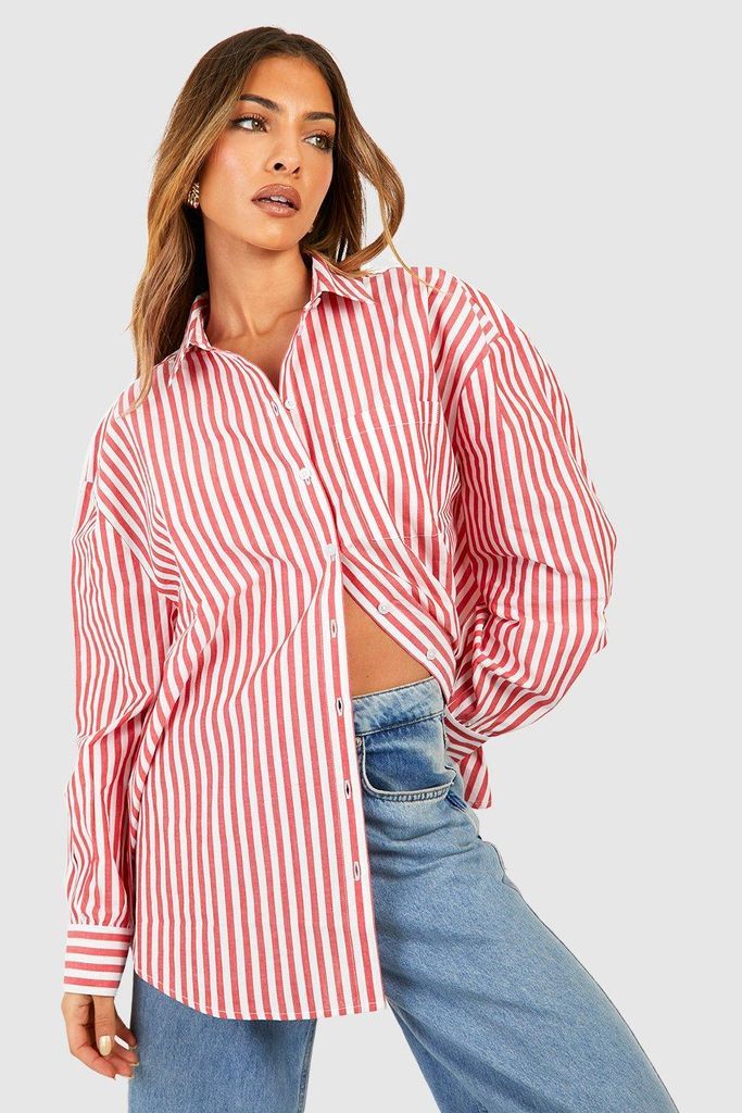 Womens Oversized Candy Stripe Shirt - Red - 8, Red