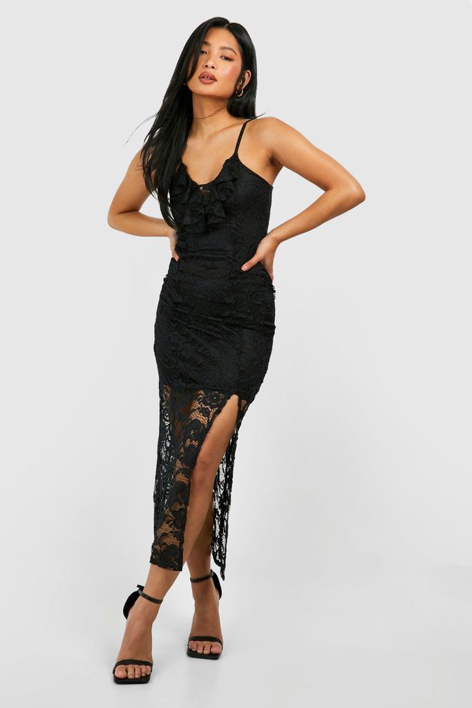 Womens Petite Lace Ruffle Split Leg Midaxi Dress - Black - 6, Black