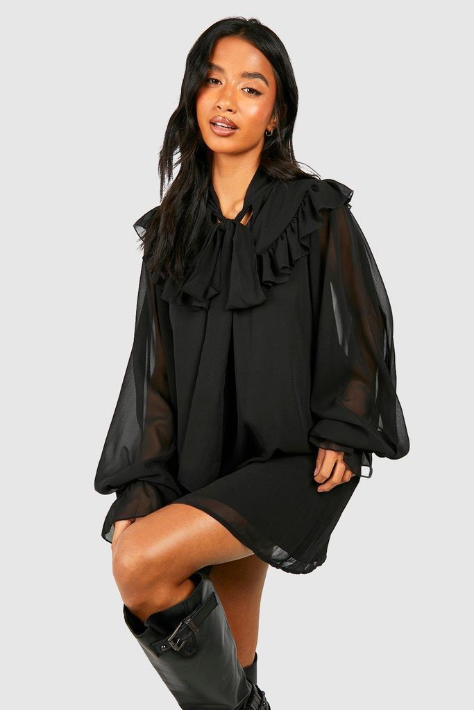 Womens Petite Tie Neck Volume Sleeve Woven Mini Dress - Black - 6, Black