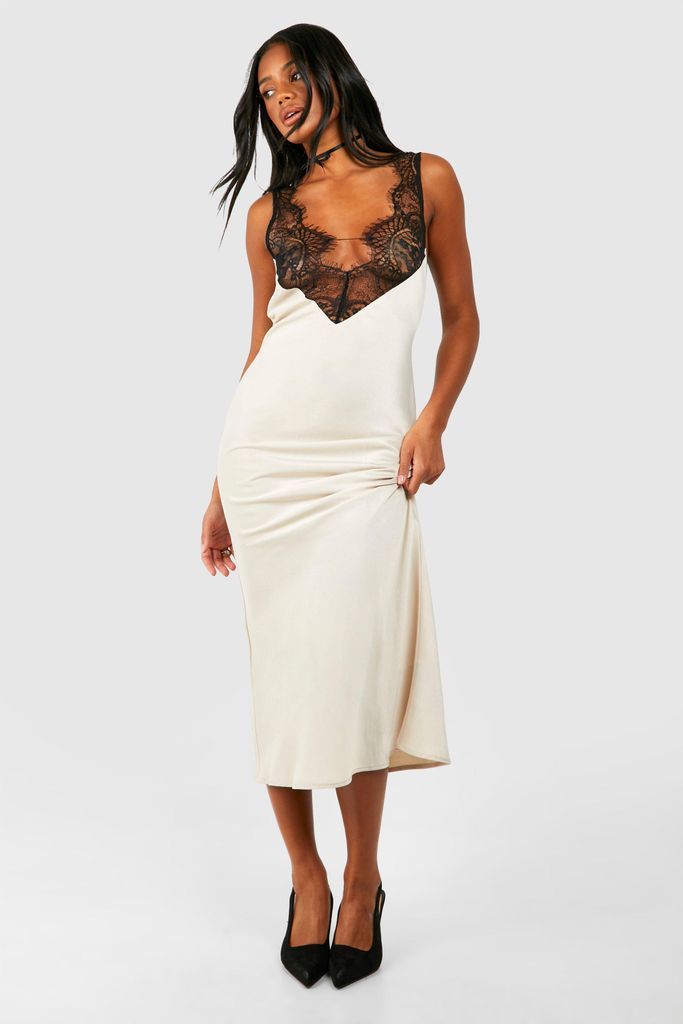 Womens Satin Lace Trim Midi Slip Dress - Beige - 8, Beige