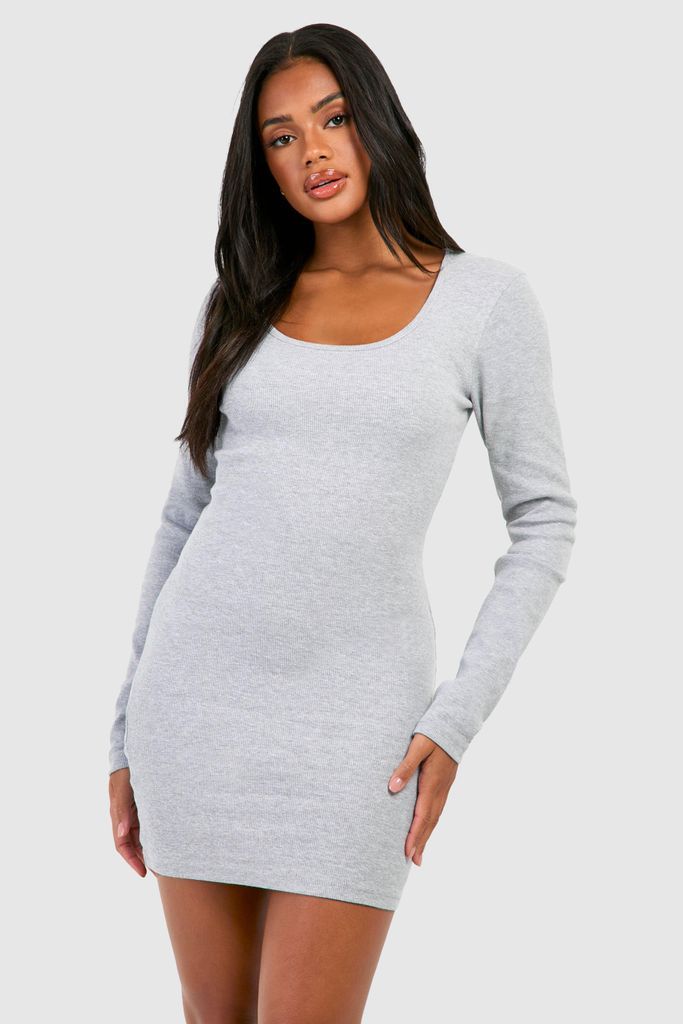 Womens Scoop Neck Long Sleeve Rib Mini Dress - Grey - 8, Grey