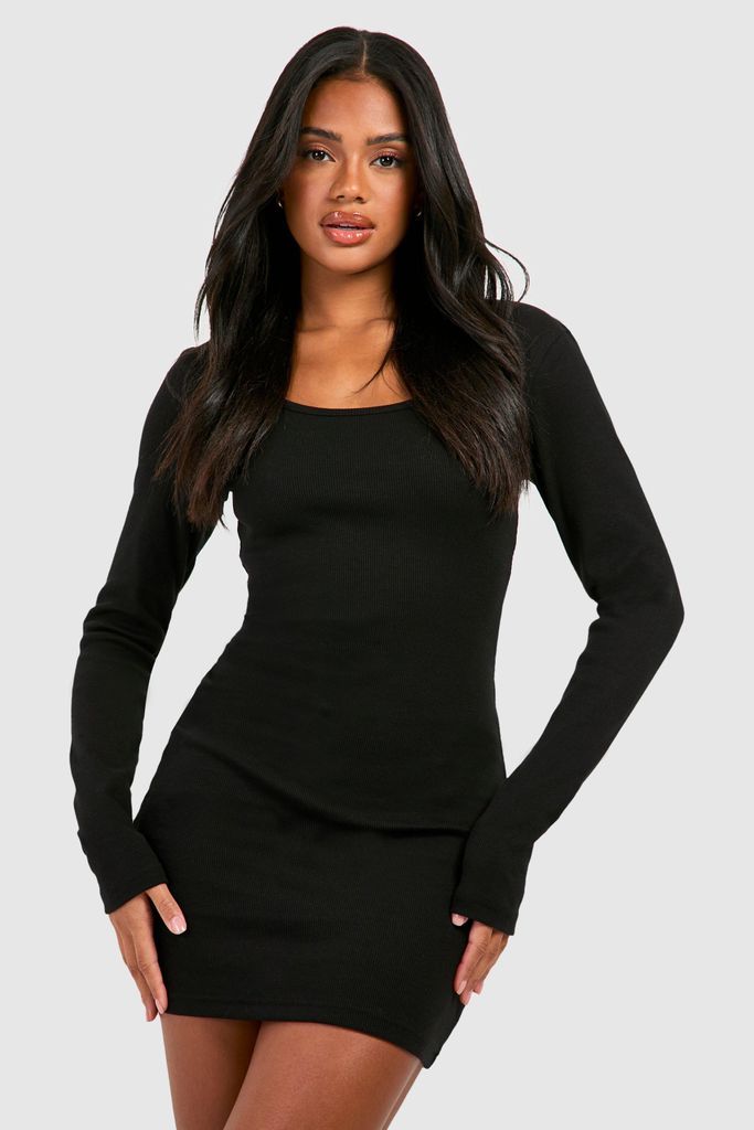 Womens Scoop Neck Long Sleeve Rib Mini Dress - Black - 8, Black