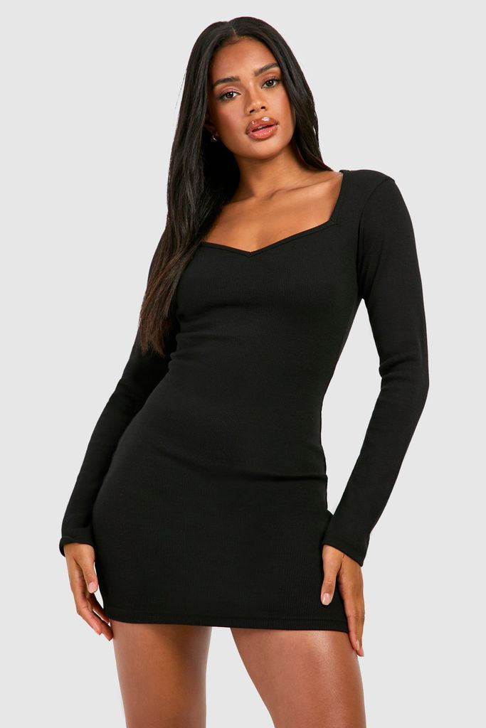 Womens Sweetheart Rib Long Sleeve Mini Dress - Black - 8, Black