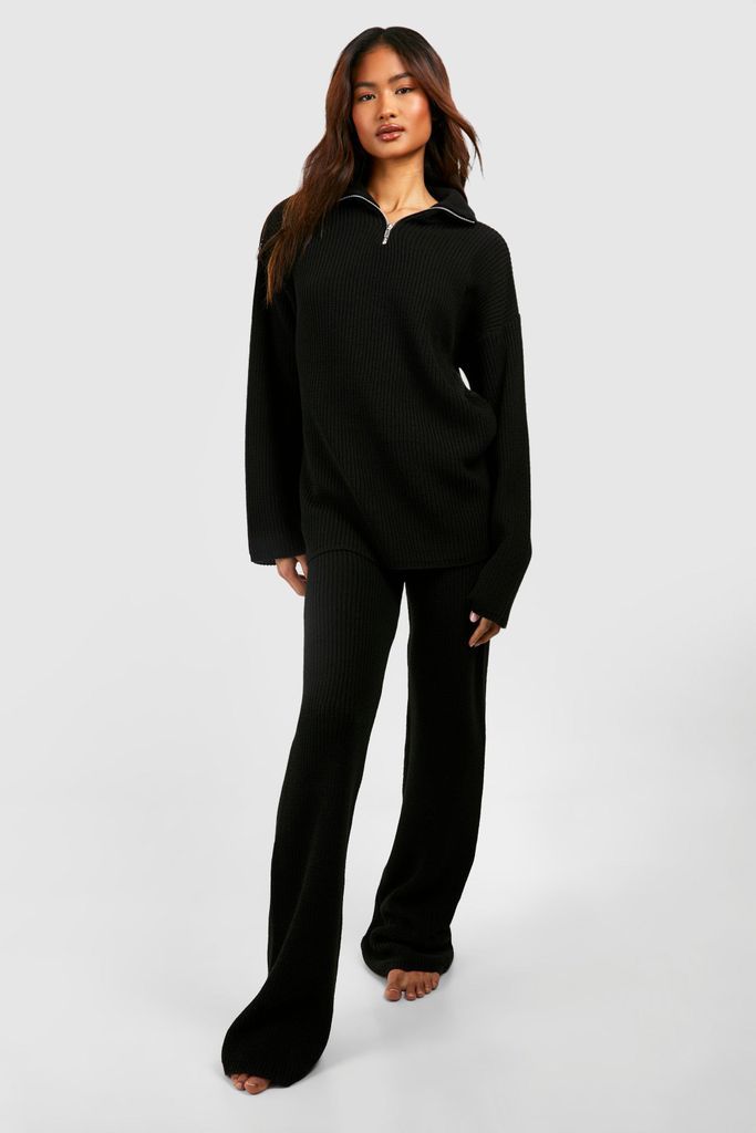 Womens Tall Knitted Zip Funnel Neck Wide Leg Lounge Set - Black - S, Black