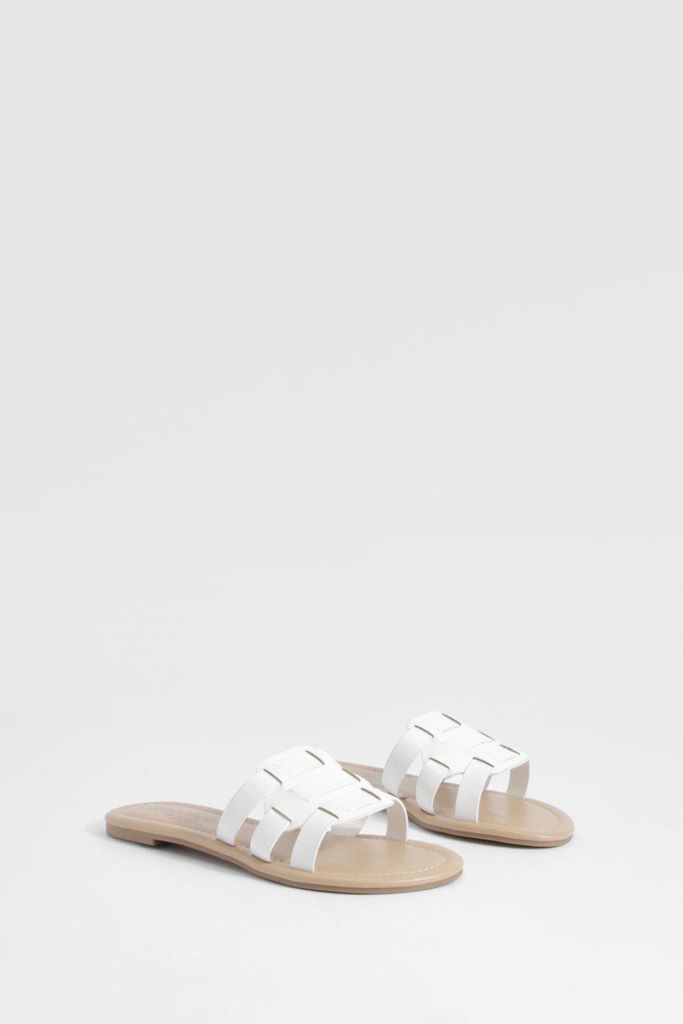 Womens Wide Fit Woven Mule Sliders - White - 4, White