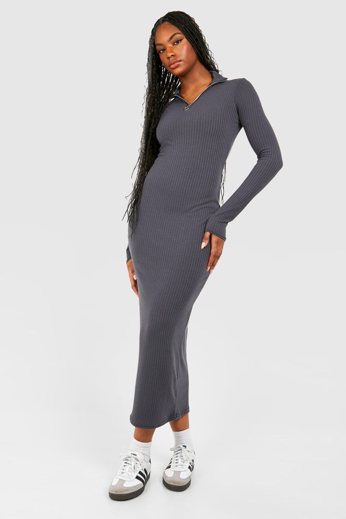 Womens Tall Soft Rib Zip Longsleeve Midaxi Dress - Grey - 6, Grey