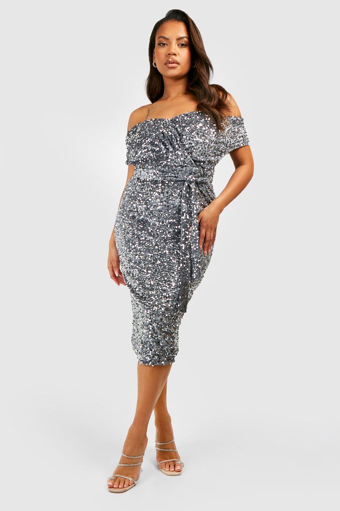 Womens Plus Sequin Off The Shoulder Wrap Midi Dress - Grey - 18, Grey