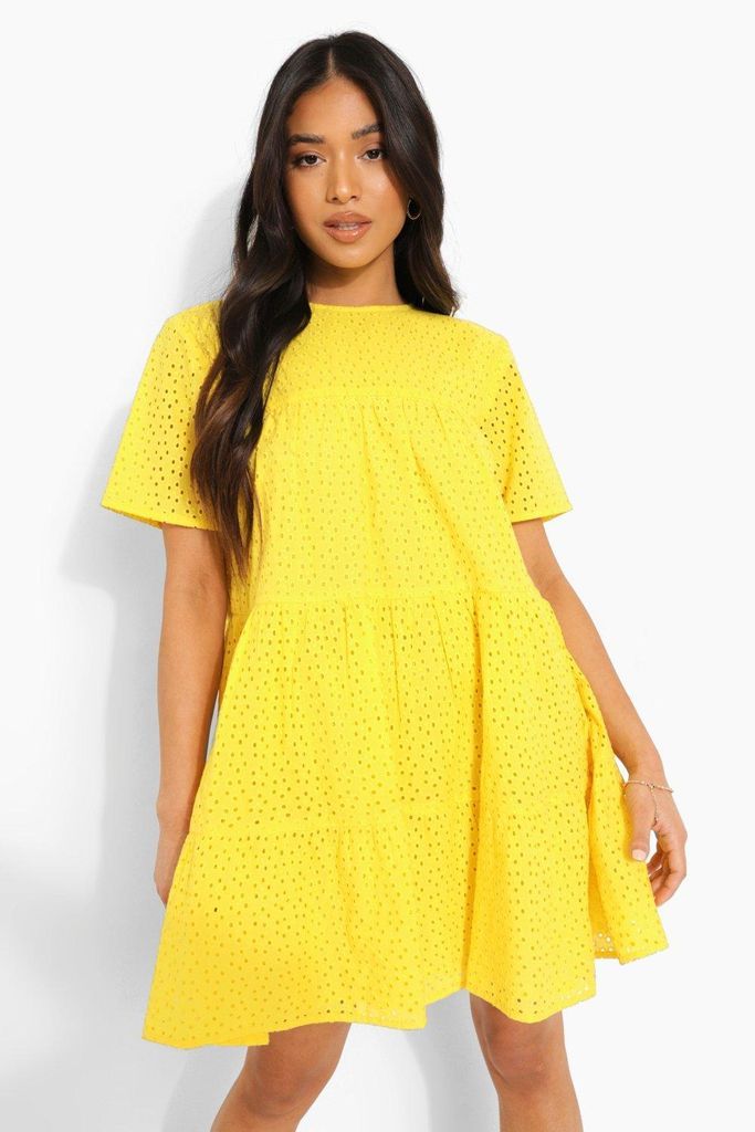 Womens Petite Broderie Short Sleeve Smock Dress - Yellow - 8, Yellow