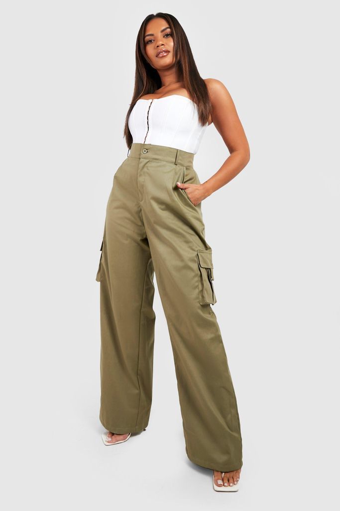 Womens Plus Wide Leg Pocket Cargo Trousers - Green - 28, Green