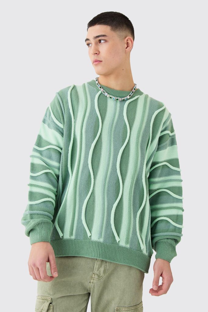 Men's Oversized 3D Jacquard Knitted Jumper - Green - L, Green
