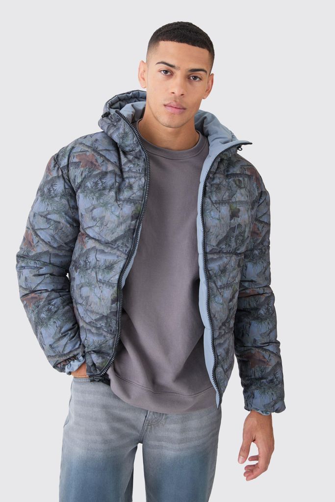 Men's Reversible Camo Puffer Jacket - Grey - S, Grey