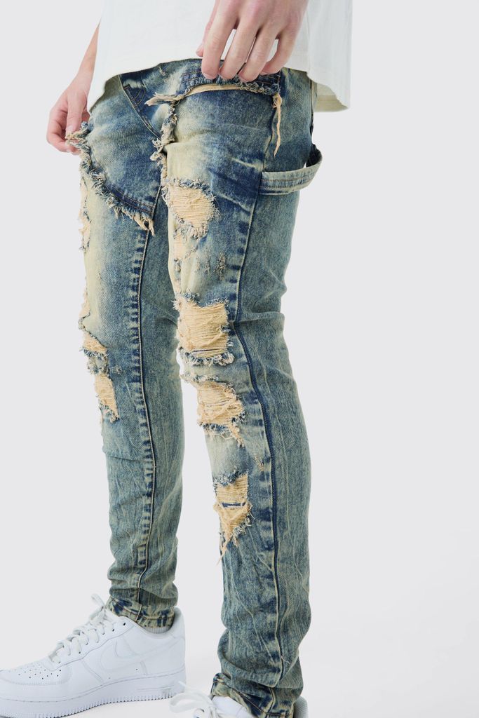 Men's Skinny Stretch Multi Rip Carpenter Jeans In Antique Wash - Grey - 28R, Grey