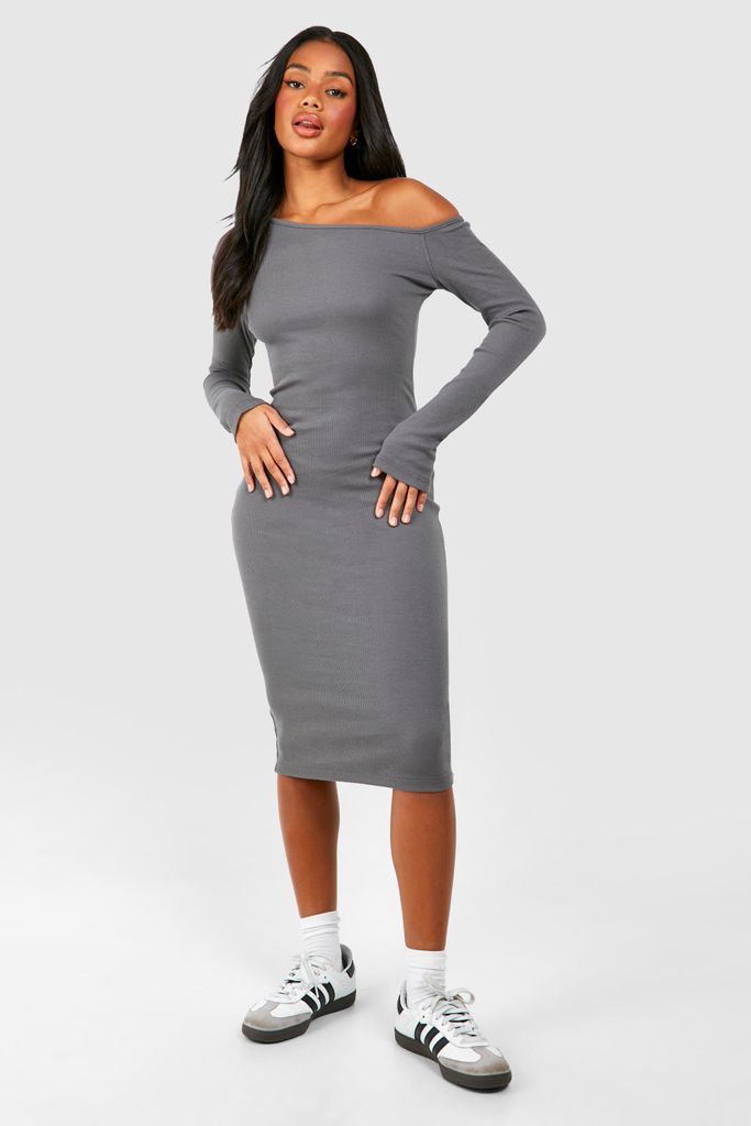 Womens Assymetric Rib Long Sleeve Midi Dress - Grey - 8, Grey