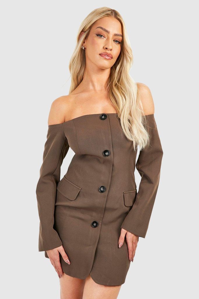 Womens Bardot Button Front Blazer Dress - Brown - 6, Brown