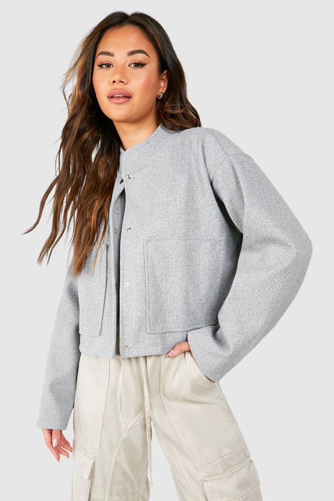 Womens Boxy Wool Look Bomber Jacket - Grey - 8, Grey