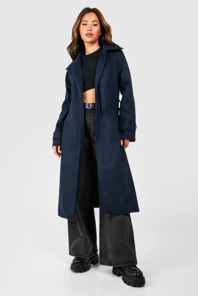 Womens Collared Belted Wool Look Coat - Navy - 8, Navy