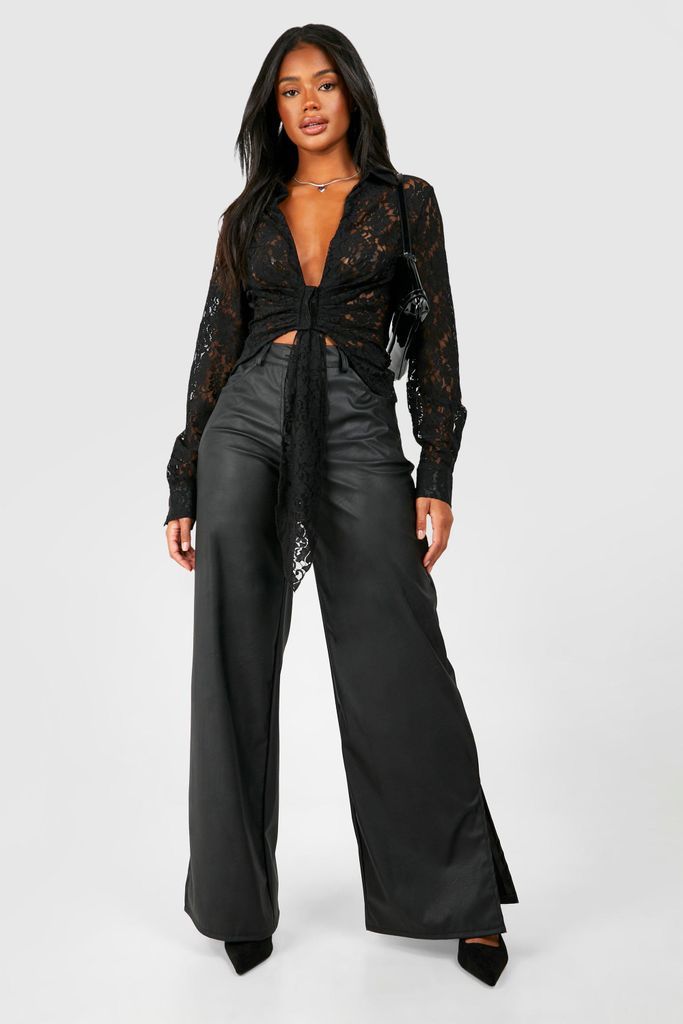 Womens Leather Look Front Split Hem Trouser - Black - 6, Black