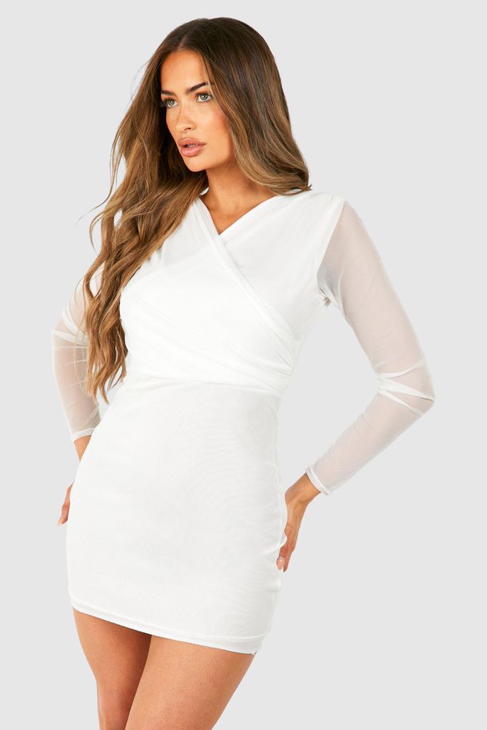 Womens Mesh Cross Over Ruched Mini Dress - White - 8, White