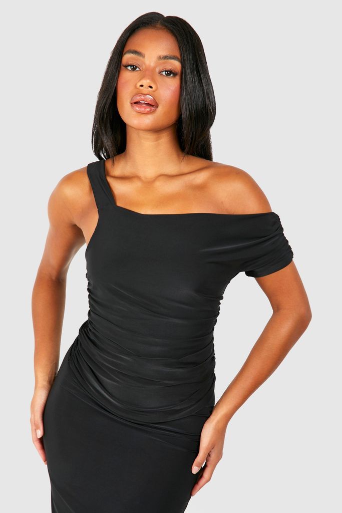 Womens One Shoulder Drape Slinky Top - Black - 6, Black