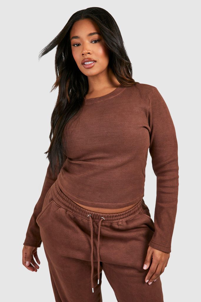 Womens Plus Washed Long Sleeve Crew Neck Rib Top - Brown - 16, Brown