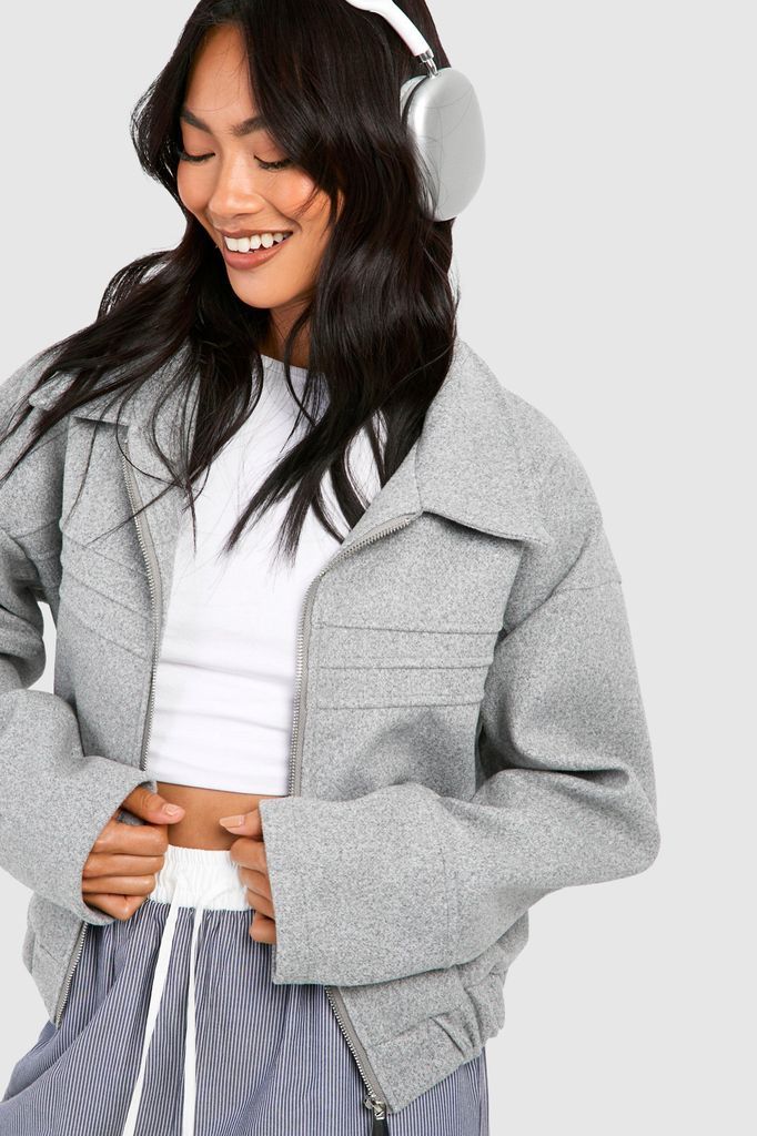 Womens Seam Detail Wool Look Oversized Bomber Jacket - Grey - 14, Grey