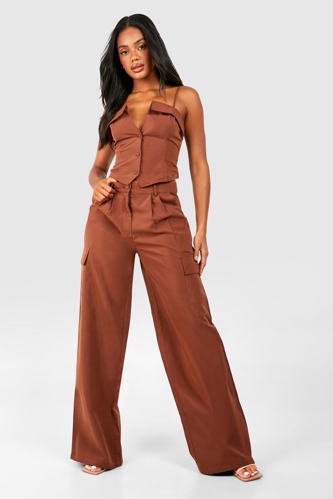 Womens Wide Leg Cargo Trousers - Brown - 6, Brown