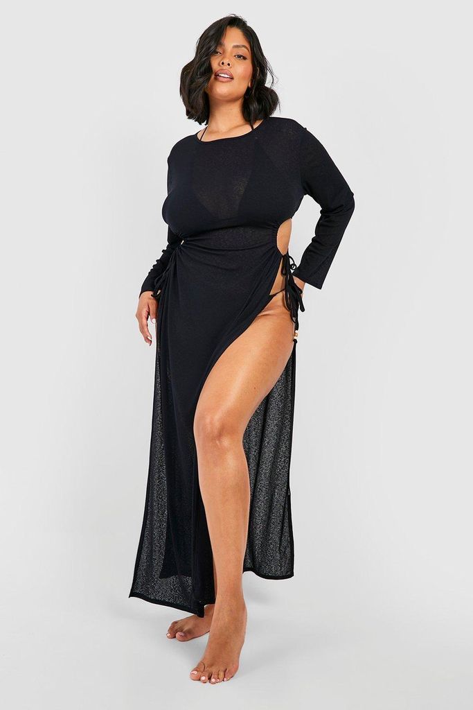 Womens Plus Knitted Jersey Cut Out Detail Maxi Beach Dress - Black - 22, Black
