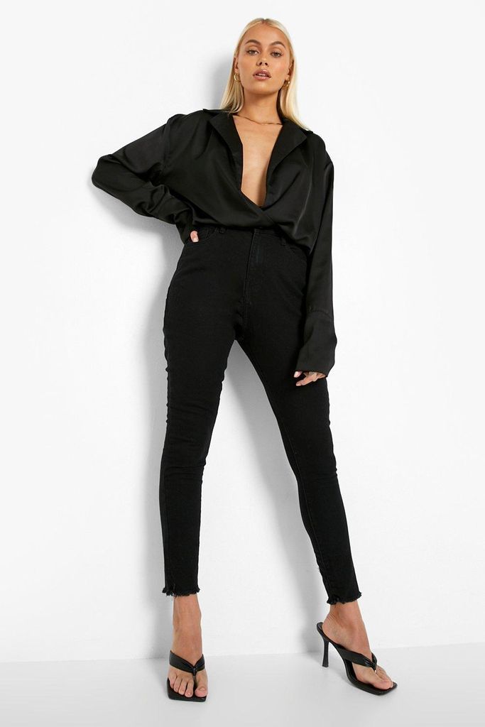 Womens Basics High Waist Frayed Hem Skinny Jeans - Black - 12, Black