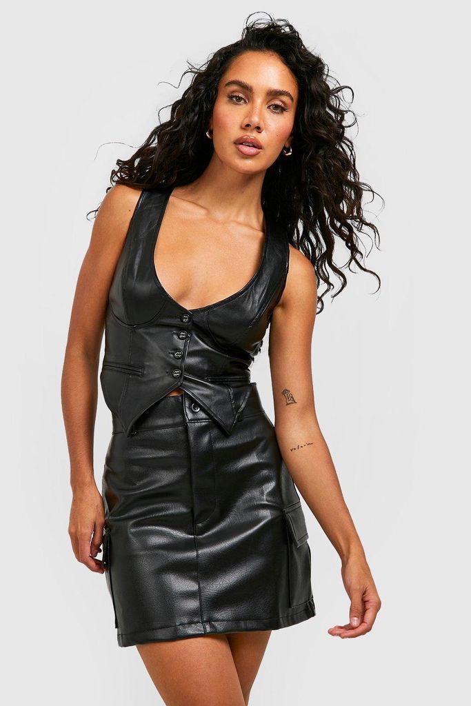 Womens High Waisted Leather Look Cargo Mini Skirt - Black - 12, Black