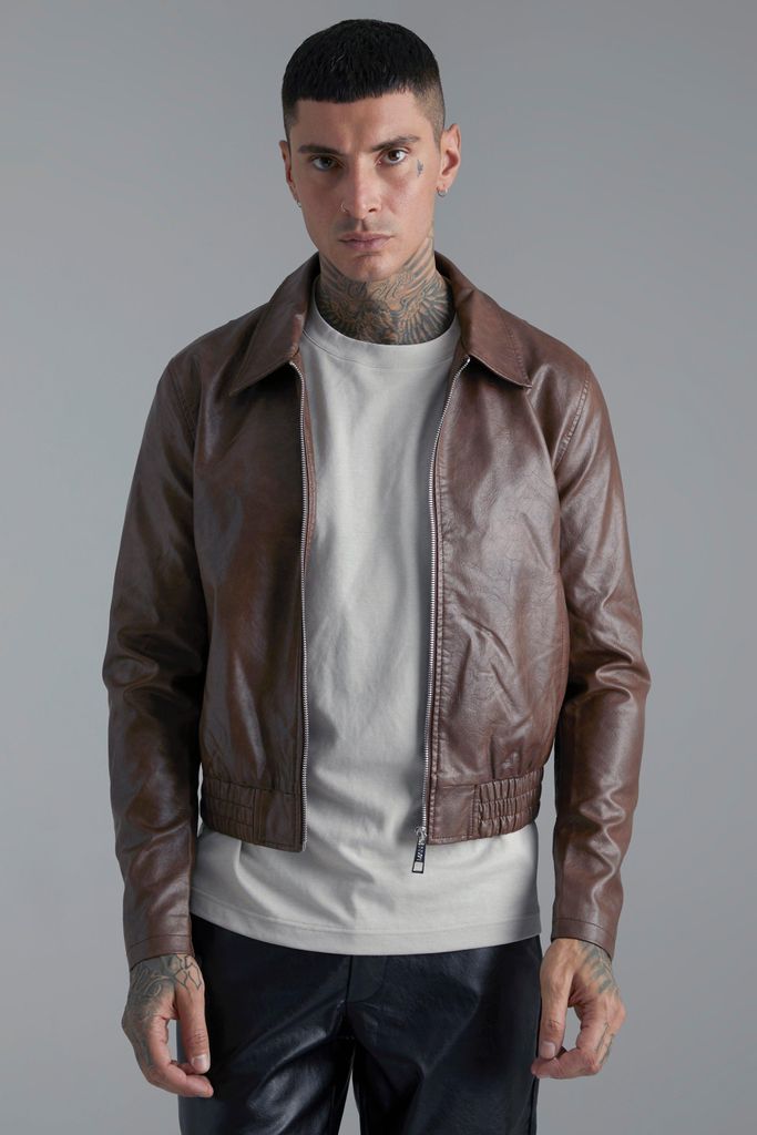 Men's Textured Pu Biker Jacket With Collar - Brown - Xl, Brown