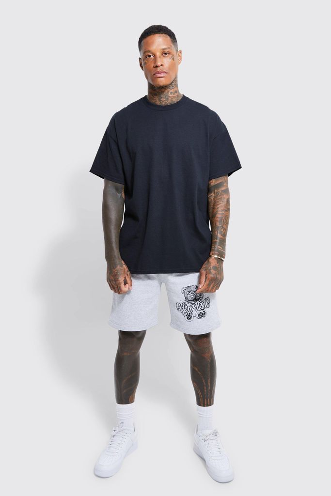 Men's Oversized Graffiti Teddy Graphic T-Shirt Set - Black - M, Black