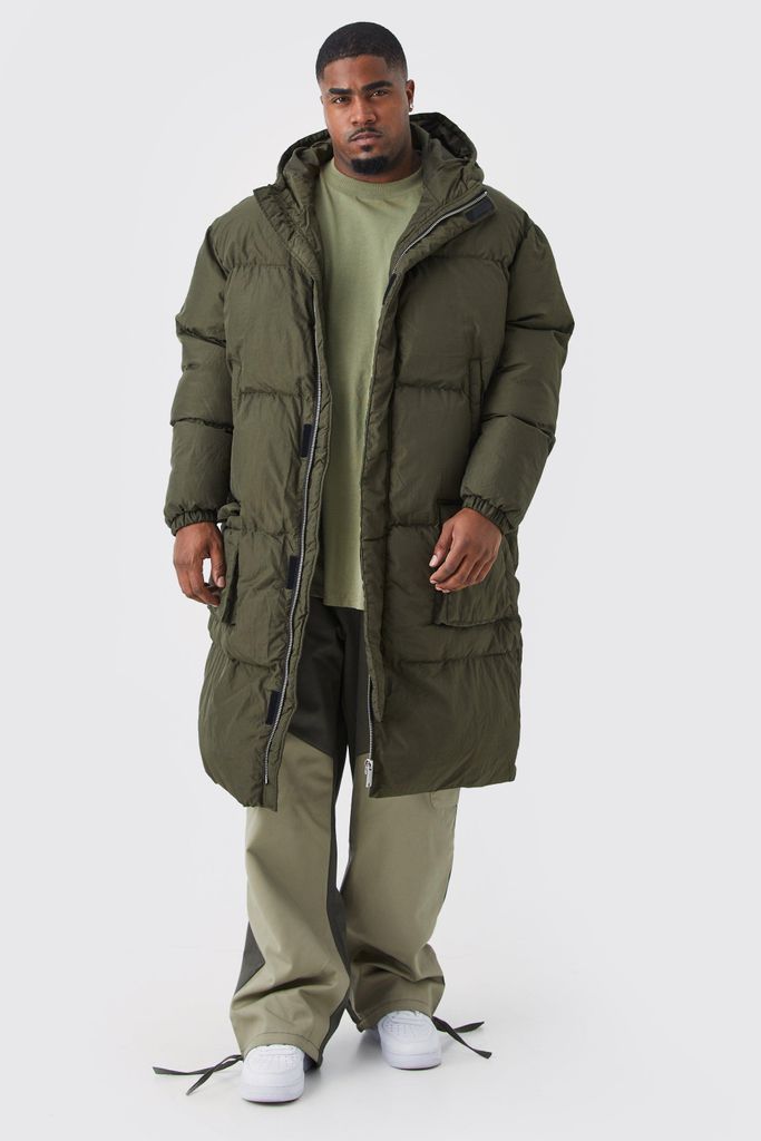 Men's Plus 4 Pocket Longline Hooded Puffer Jacket In Khaki - Green - Xxxl, Green