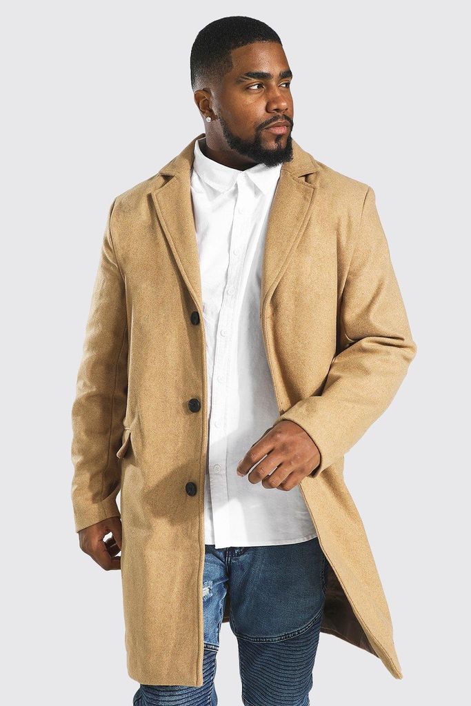 Men's Plus Single Breasted Wool Look Overcoat In Camel - Beige - Xxxl, Beige