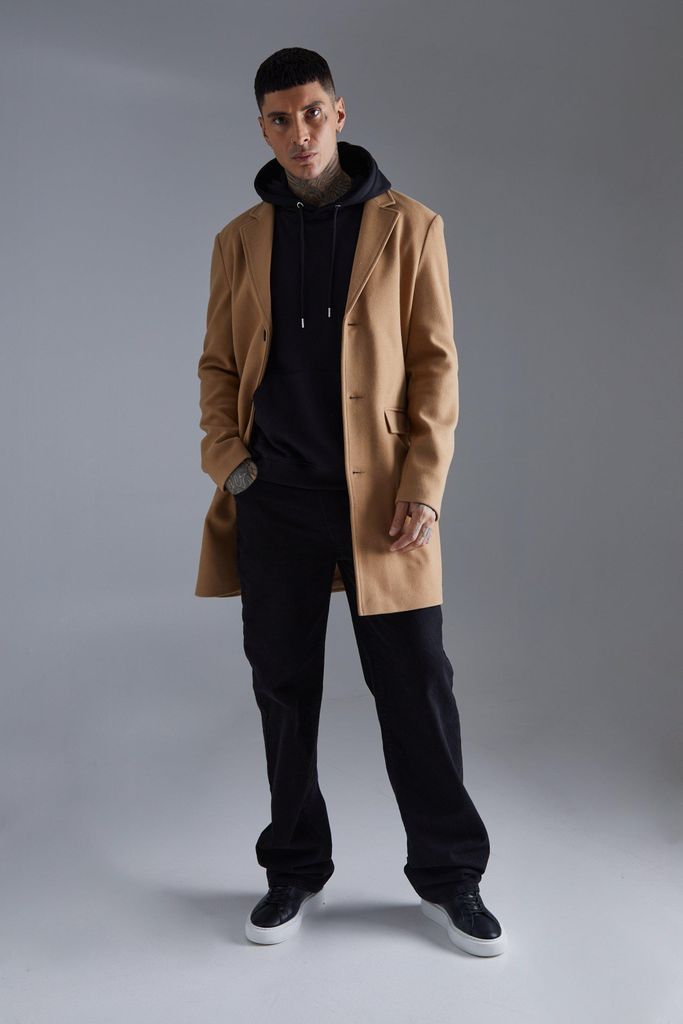 Men's Tall Single Breasted Wool Look Overcoat In Camel - Beige - S, Beige