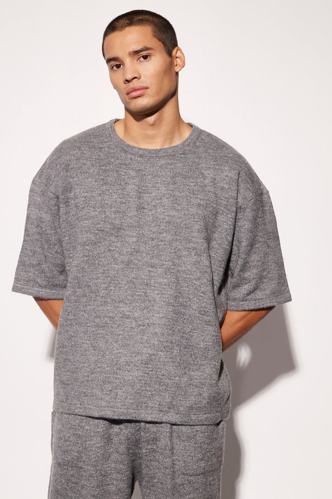 Men's Oversized Brushed Knitted T-Shirt - Grey - L, Grey