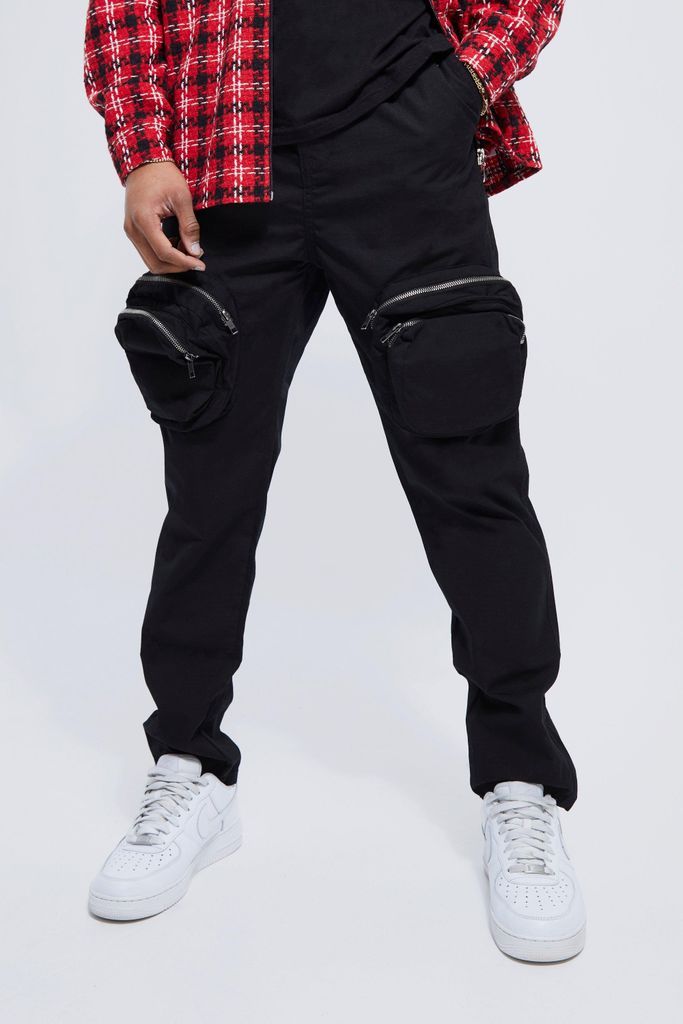 Men's Fixed Waist Slim Fit Zip Detail Cargo Trousers - Black - 28, Black
