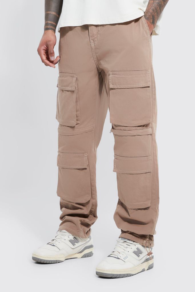 Men's Elastic Waist Zip Detail Multi Pocket Straight Fit Cargo Trousers - Beige - S, Beige
