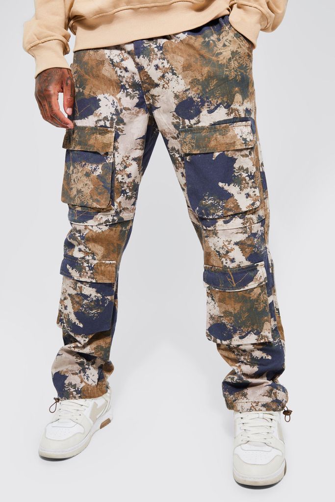 Men's Elastic Waist Forest Camo Multi Pocket Straight Fit Cargo Trousers - S, Multi