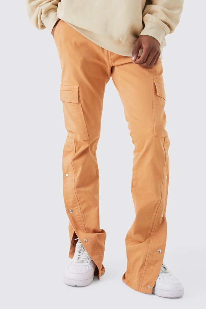 Men's Fixed Waist Popper Split Hem Flared Cargo Trousers - Orange - 28, Orange