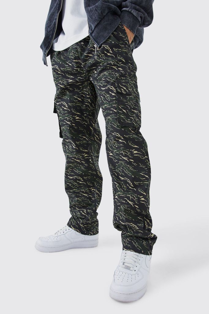 Men's Fixed Waist Ripstop Camouflage Cargo Trousers - Black - 28, Black