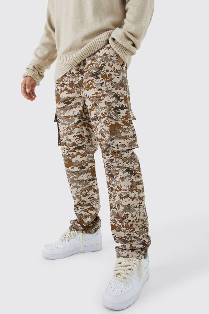 Men's Elastic Waist Camouflage Straight Fit Cargo Trousers - Beige - 28, Beige