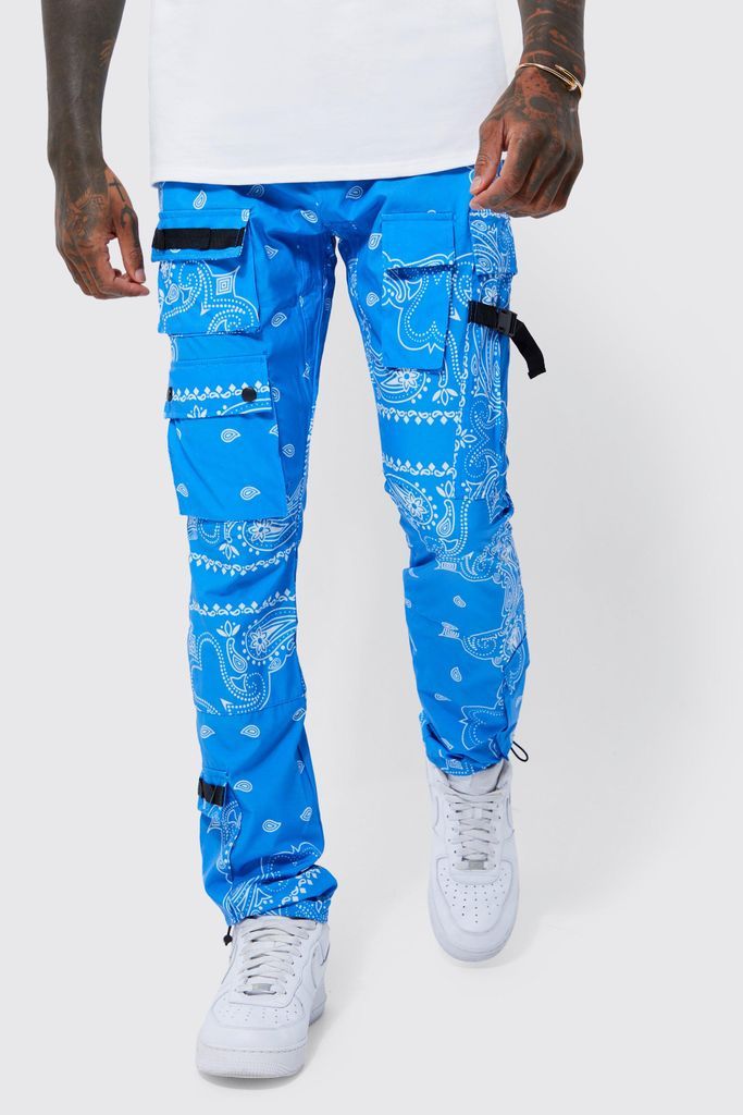 Men's Elastic Waist Slim Fit Bandanna Print Cargo Trousers - Blue - S, Blue
