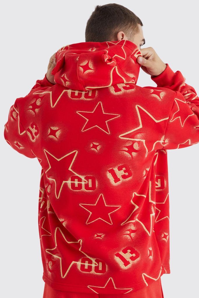 Men's Oversized All Over Graffiti Ear Hoodie - Red - S, Red