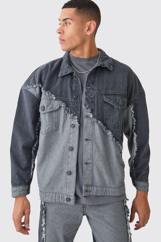 Men's Oversized Spliced Frayed Edge Denim Jacket - Grey - S, Grey