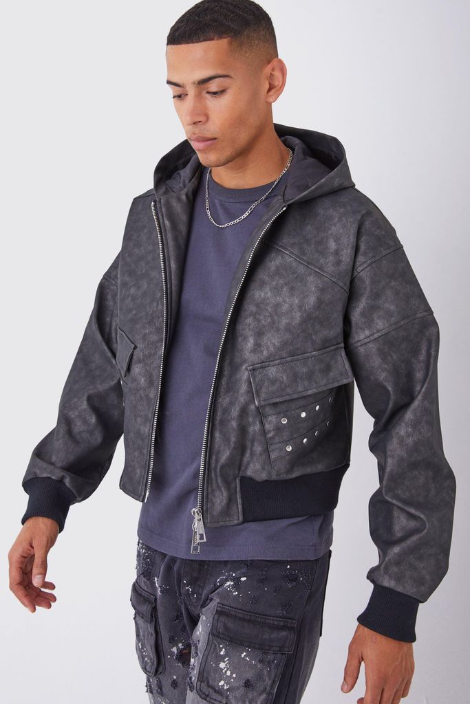 Men's Boxy Washed Pu Hooded Bomber - Black - S, Black