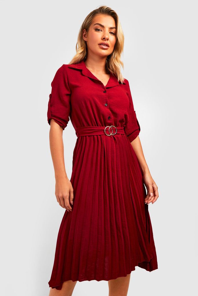 Womens Belted Pleated Midi Shirt Dress - Red - 10, Red