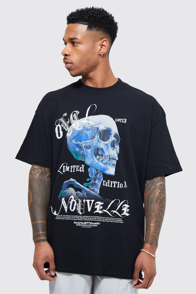 Men's Oversized Skull Graphic T-Shirt - Black - S, Black