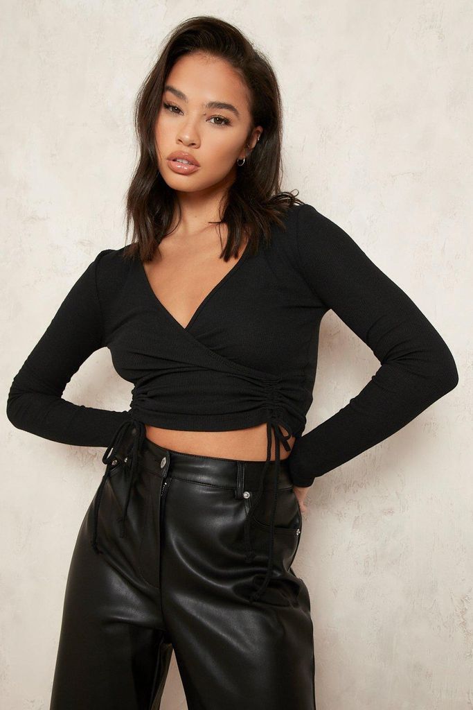 Womens Front Ruched Long Sleeve Crop Top - Black - 10, Black